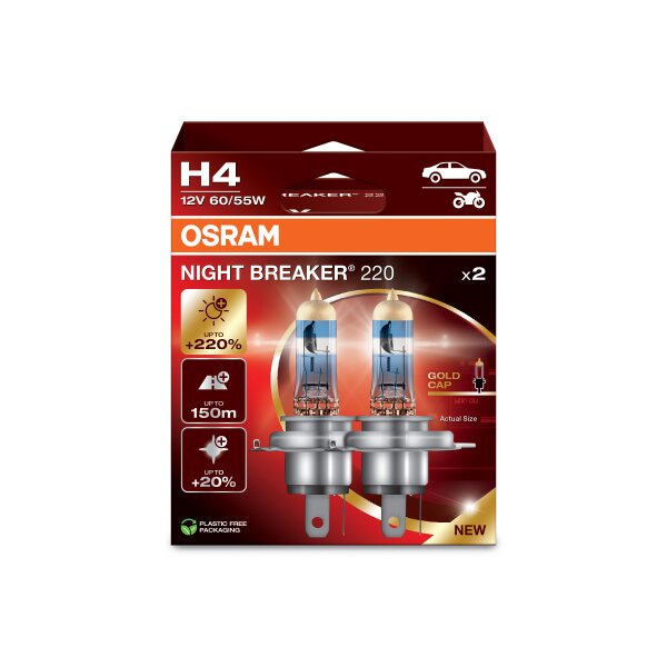 OSRAM 64193NB220-2HB - H4 12V 60/55W P43t NIGHT BREAKER® 220 +220% 2 Stk.