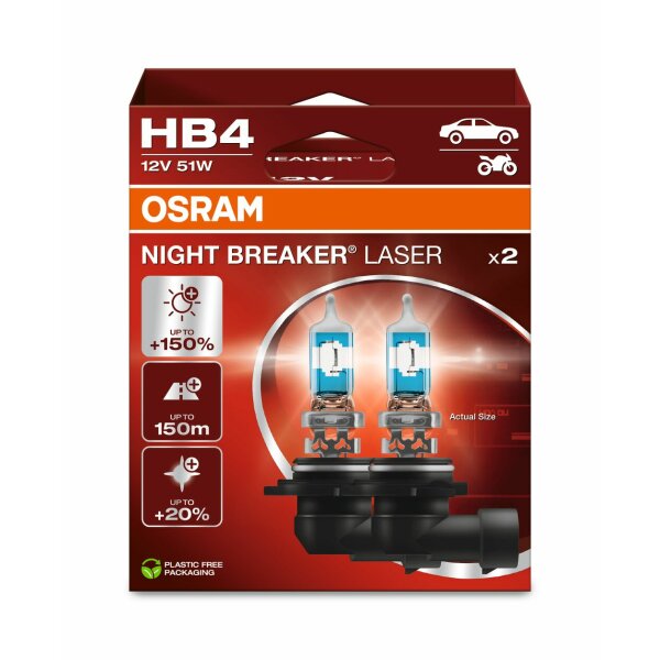 OSRAM 9006NL-2HB - HB4 12V 51W P22d NIGHT BREAKER® LASER +150% mehr Helligkeit 2 Stk.