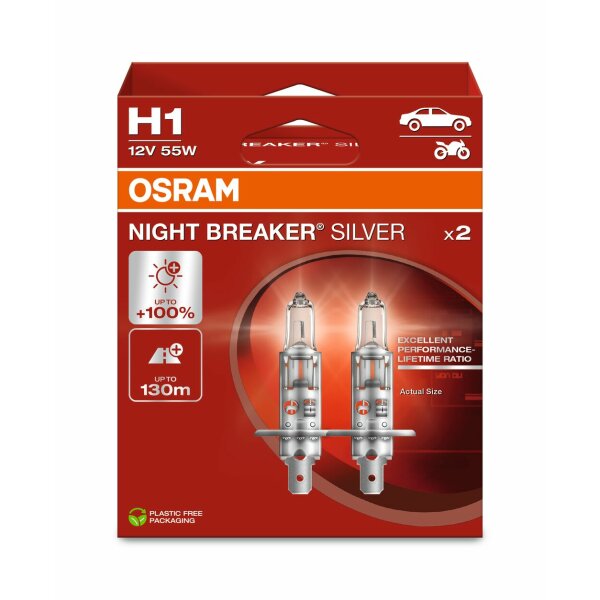 OSRAM 64150NBS-2HB - H1 12V 55W P14.5s NIGHT BREAKER® SILVER +100% 2 Stk.